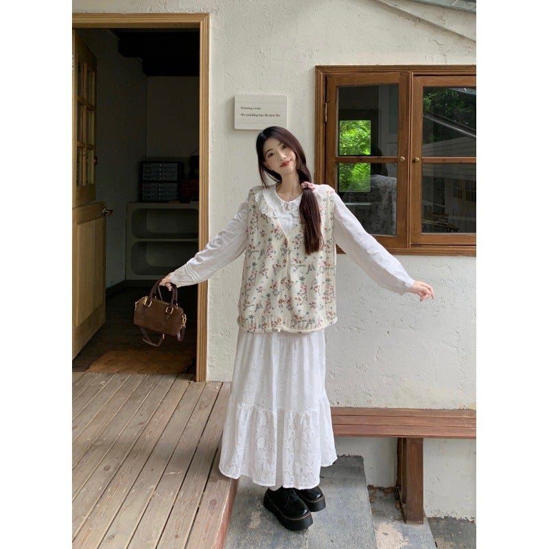 Floral Knit Vest Sweater  Lace Skirt Set White skirt - Image 1