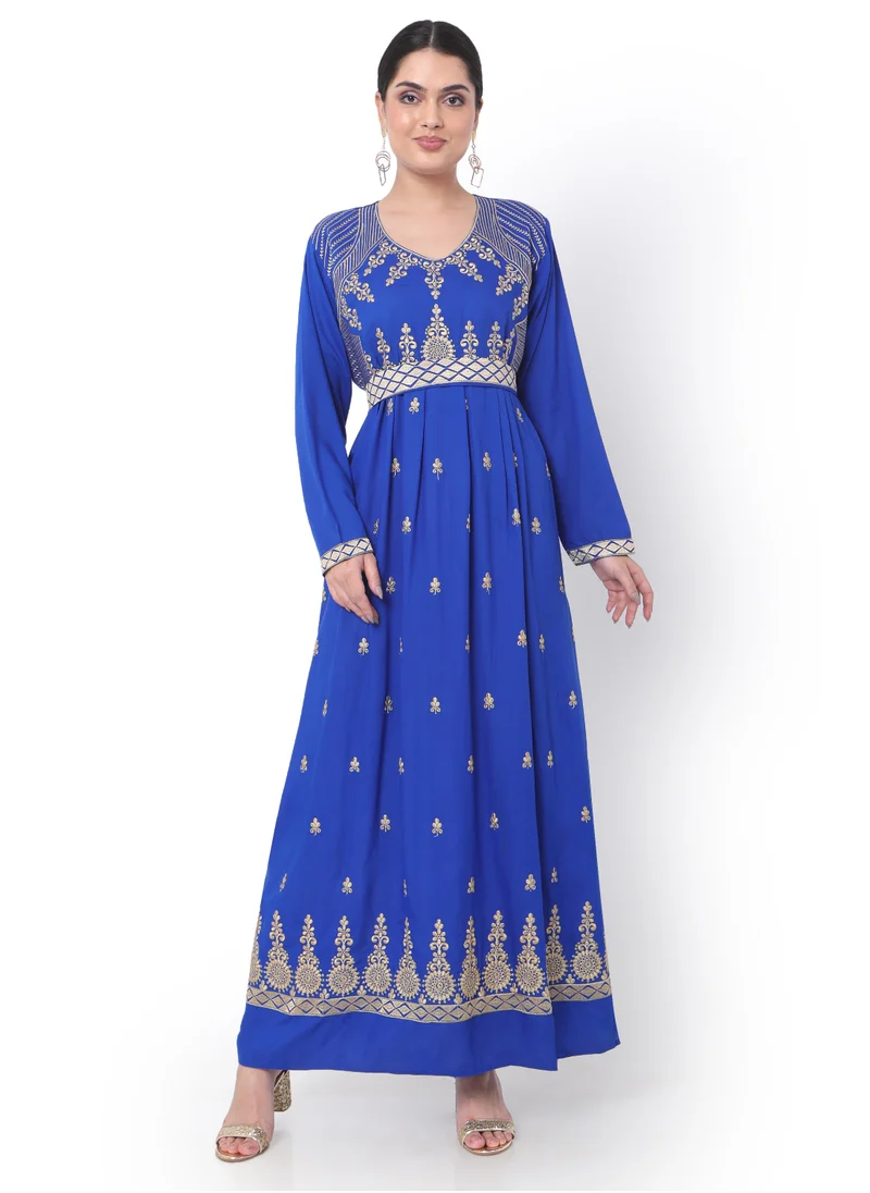 HANA & SARA MODEST THICK EMBRODERED WITH LONG SLEEVES AND BELT BLUE COLOUR HIGH QUALITY STYLISH ARABIC KAFTAN JALABIYA DRESS