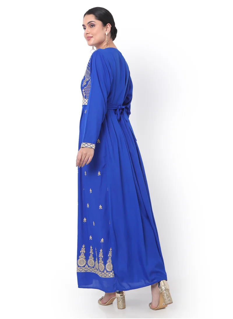 HANA & SARA MODEST THICK EMBRODERED WITH LONG SLEEVES AND BELT BLUE COLOUR HIGH QUALITY STYLISH ARABIC KAFTAN JALABIYA DRESS