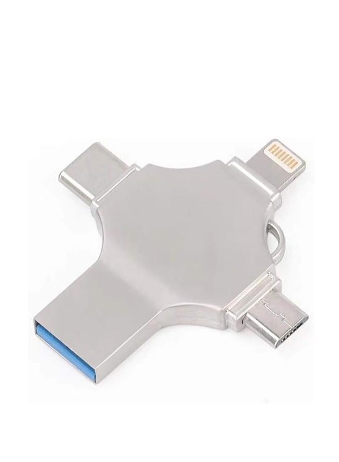 محرك أقراص فلاش BXDZOOER عالي السرعة USB C ذاكرة فلاش 128 جيجابايت 4 في 1 متعددة الوظائف مع منافذ Micro Type-C لأجهزة Android الذكية Iphone Pad MacBook والكمبيوتر المحمول WZT-SZ003 (فضي) - Image 1