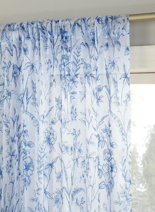 No. 918 Ambree Vintage Floral Sheer Rod Pocket Curtain Panel, 51" x 63", Chinoiserie Blue - Image 1