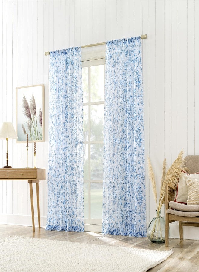 No. 918 Ambree Vintage Floral Sheer Rod Pocket Curtain Panel, 51" x 63", Chinoiserie Blue - Image 4