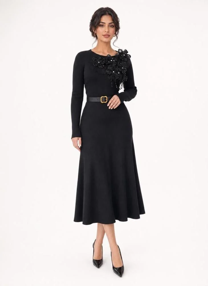 Opera Fashion Elegant Black Midi Evening Dress with Hand-Embroidered Bodice