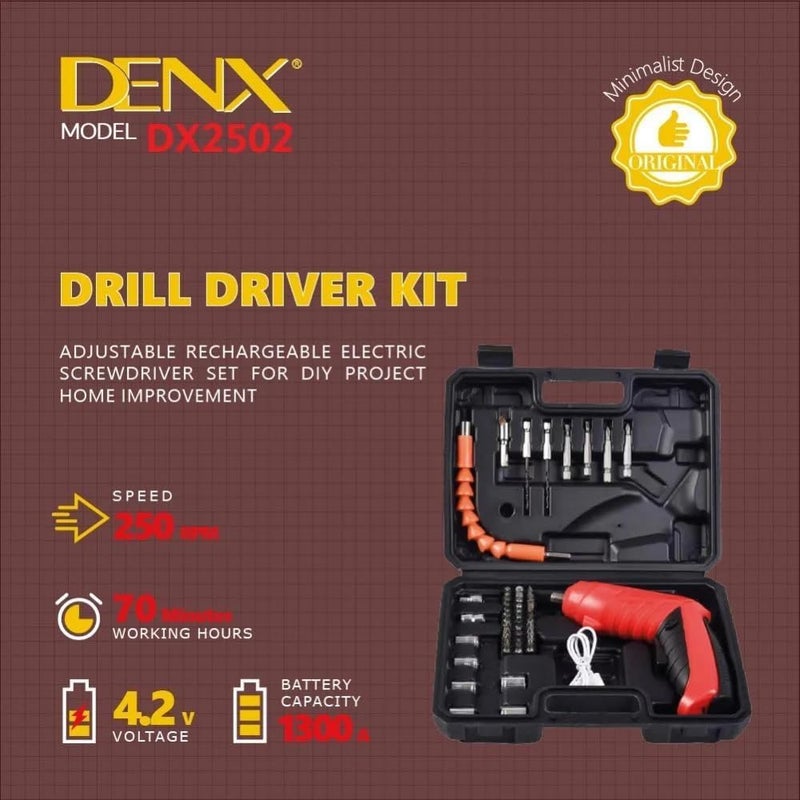 Denx Drill Driver Kit, Mini Adjustable Cordless Rechargeable Electric Screwdriver Set For Diy Project Suitable For Home, Speed Of 250 Rpm, 70 Minutes Working Hours, 1300Mah Battery, Dx2502 - Image 3