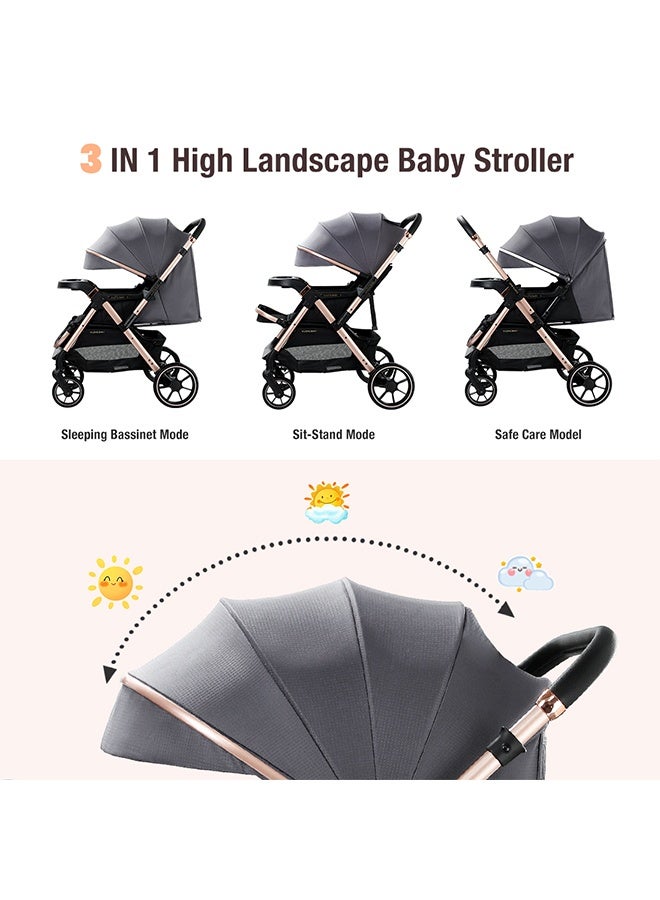 ريوليو عربة أطفال فاخرة عالية الارتفاع بمقبض ثنائي الاتجاه، طيّ بلمسة واحدة، إسناد متعدد الأوضاع، إطار فولاذ كربوني سميك، عجلات PU كبيرة، حزام أمان بخمس نقاط، مناسبة للأعمار ٠–٦ سنوات - Image 5