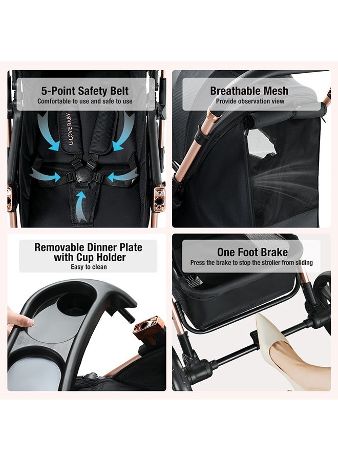 ريوليو عربة أطفال فاخرة عالية الارتفاع بمقبض ثنائي الاتجاه، طيّ بلمسة واحدة، إسناد متعدد الأوضاع، إطار فولاذ كربوني سميك، عجلات PU كبيرة، حزام أمان بخمس نقاط، مناسبة للأعمار ٠–٦ سنوات - Image 4