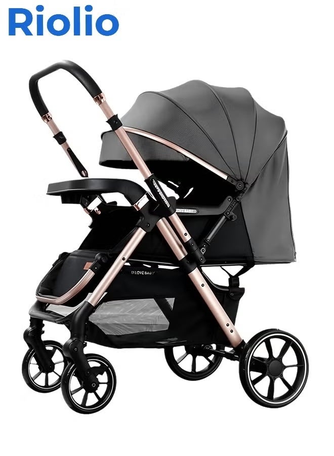 ريوليو عربة أطفال فاخرة عالية الارتفاع بمقبض ثنائي الاتجاه، طيّ بلمسة واحدة، إسناد متعدد الأوضاع، إطار فولاذ كربوني سميك، عجلات PU كبيرة، حزام أمان بخمس نقاط، مناسبة للأعمار ٠–٦ سنوات - Image 1