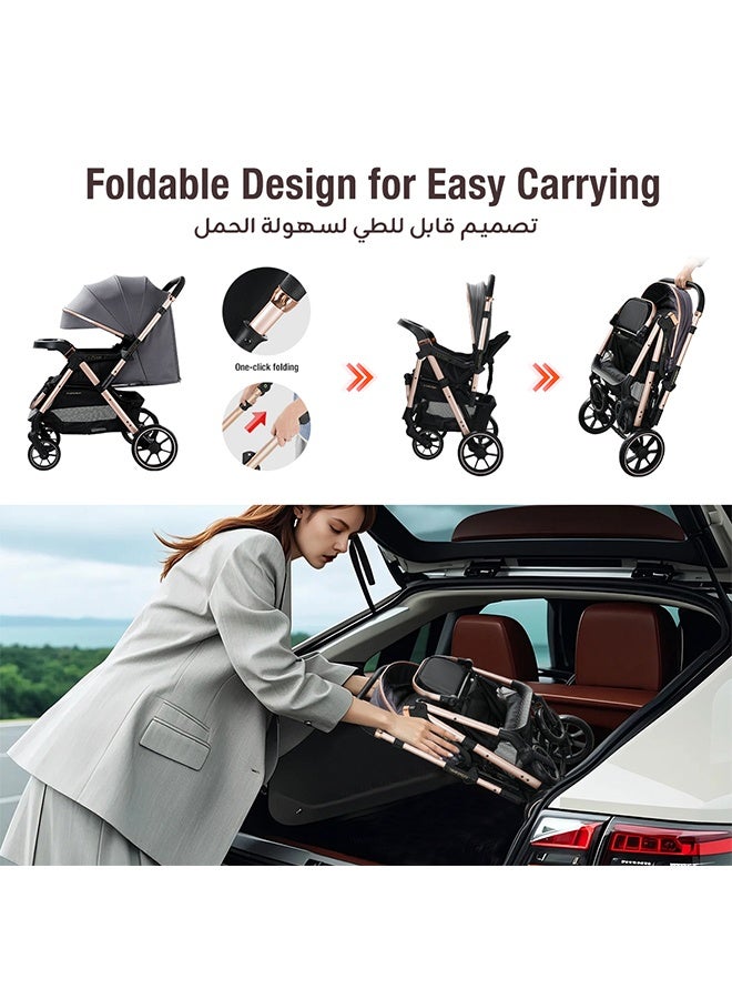 ريوليو عربة أطفال فاخرة عالية الارتفاع بمقبض ثنائي الاتجاه، طيّ بلمسة واحدة، إسناد متعدد الأوضاع، إطار فولاذ كربوني سميك، عجلات PU كبيرة، حزام أمان بخمس نقاط، مناسبة للأعمار ٠–٦ سنوات - Image 3