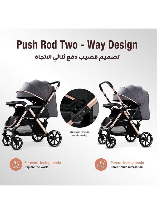 ريوليو عربة أطفال فاخرة عالية الارتفاع بمقبض ثنائي الاتجاه، طيّ بلمسة واحدة، إسناد متعدد الأوضاع، إطار فولاذ كربوني سميك، عجلات PU كبيرة، حزام أمان بخمس نقاط، مناسبة للأعمار ٠–٦ سنوات - Image 2