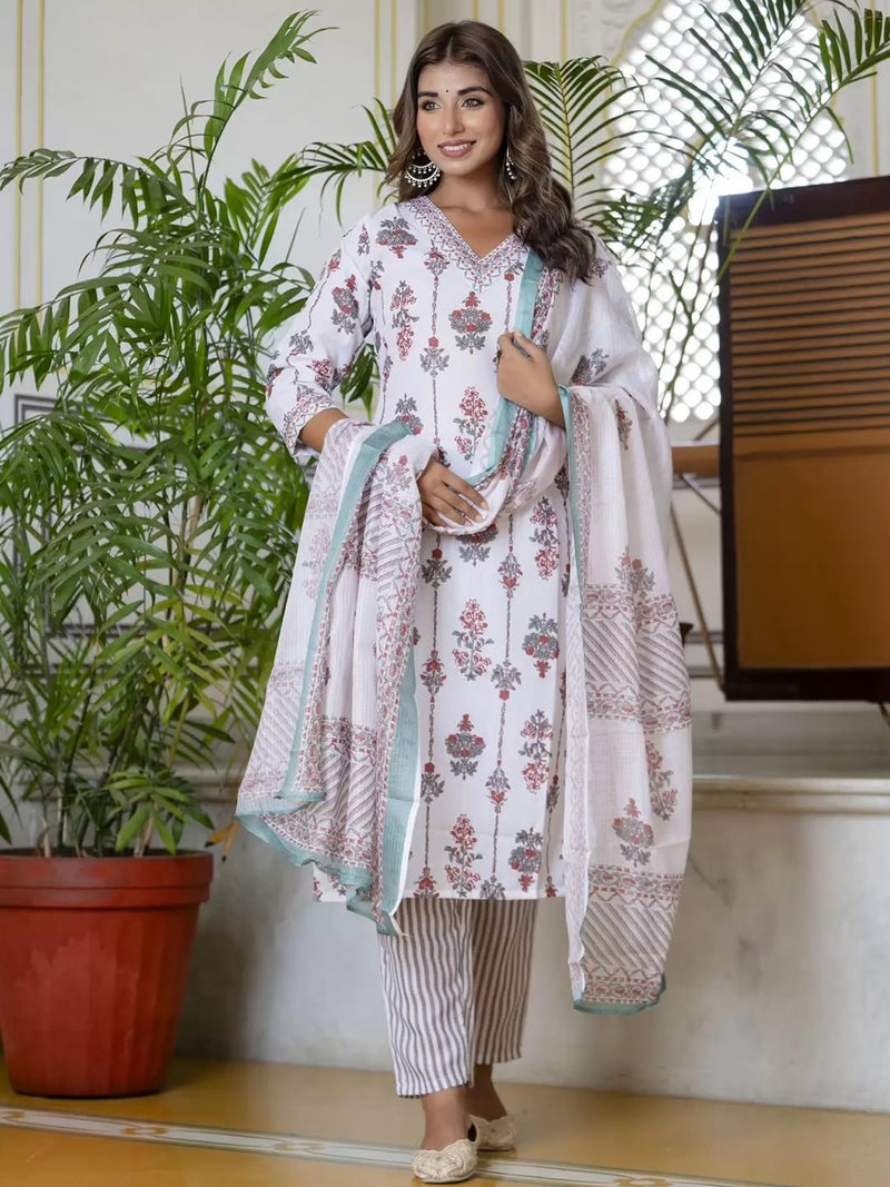 Tee Projekt Women's Cotton Blend V Neck Printed Straight Kurta Pant with Dupatta Set Off White - Image 3