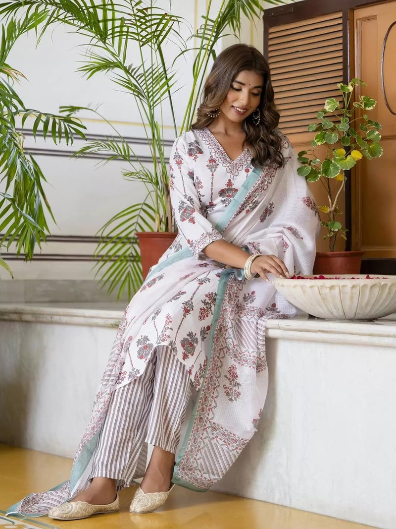 Tee Projekt Women's Cotton Blend V Neck Printed Straight Kurta Pant with Dupatta Set Off White - Image 2