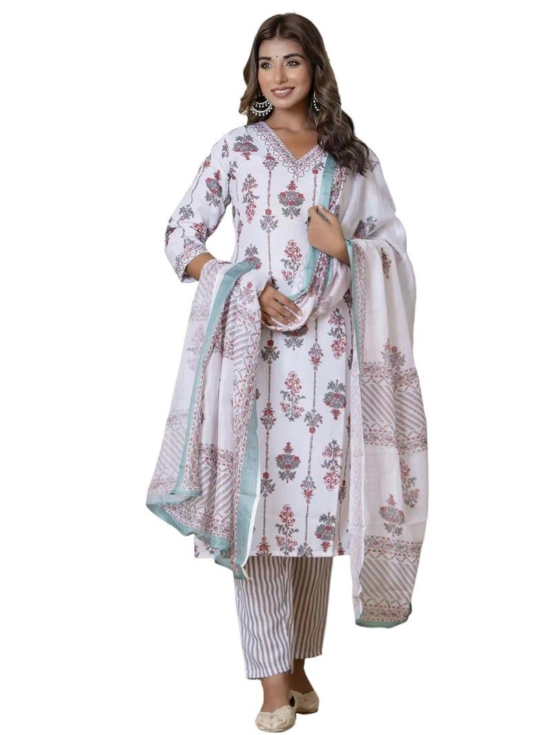 Tee Projekt Women's Cotton Blend V Neck Printed Straight Kurta Pant with Dupatta Set Off White - Image 5
