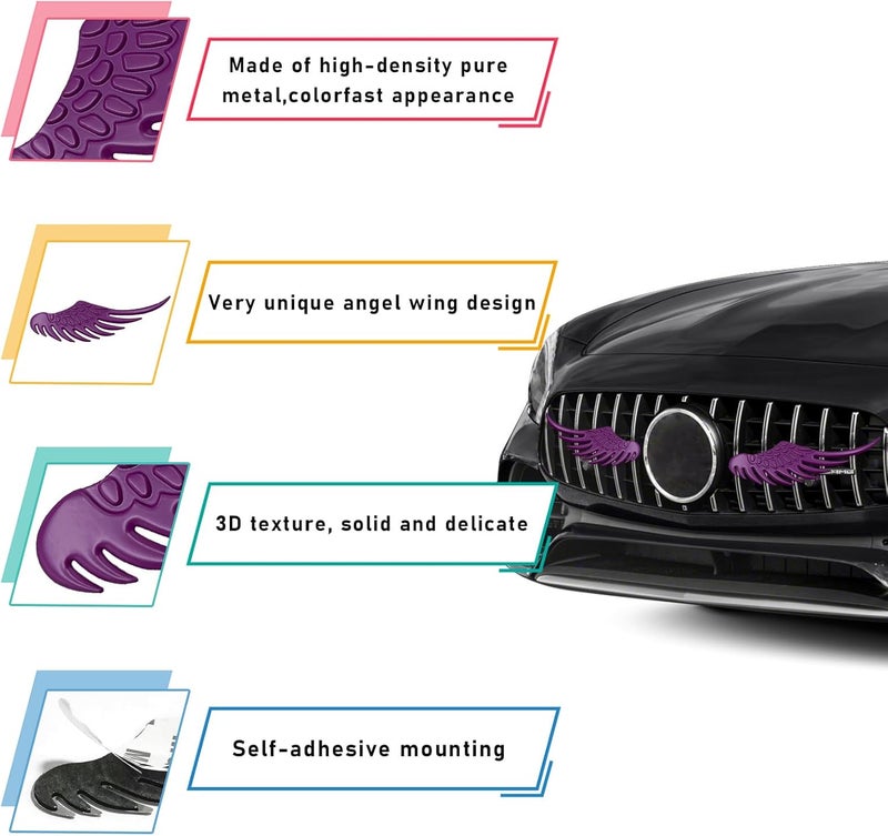 Dickno ديكنو ()، ملصقات أجنحة ملاك للسيارة، مصنوعة من سبيكة معدنية ثلاثية الأبعاد، تحمل شعارات نسور وصقور، مقاومة للتصادم، لتزيين خارجي السيارة (لون بنفسجي). - Image 3