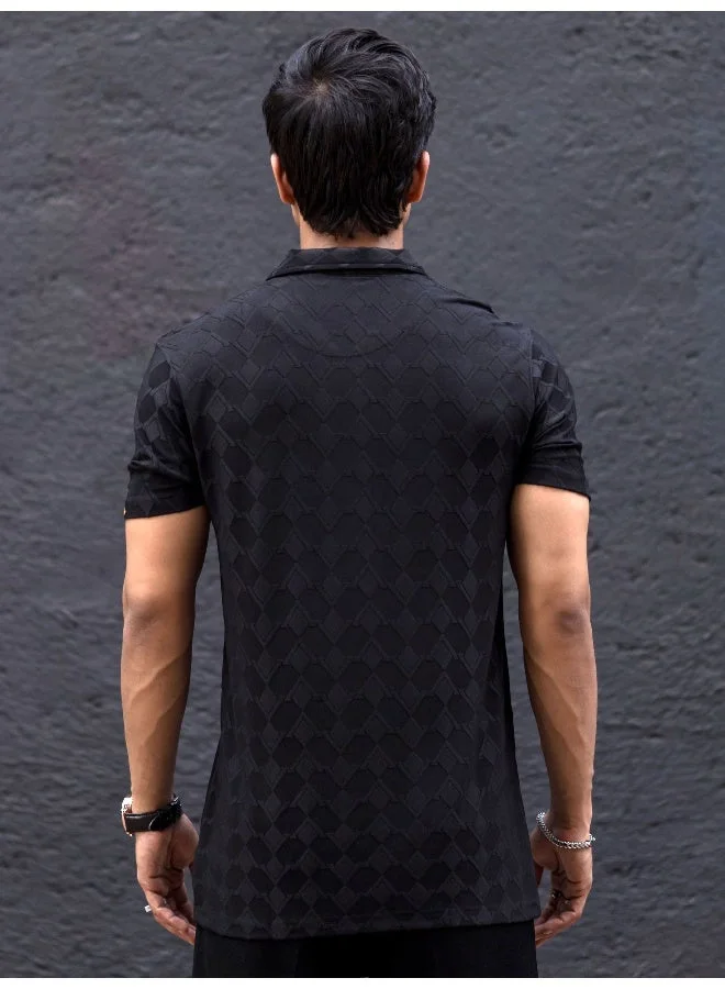 Maniac Maniac Mens Textured Polo Neck Half Sleeve Black Half Zipper Cotton Lycra Blend T-Shirt