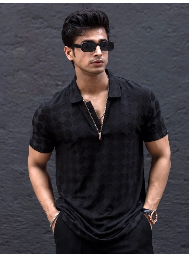 Maniac Maniac Mens Textured Polo Neck Half Sleeve Black Half Zipper Cotton Lycra Blend T-Shirt