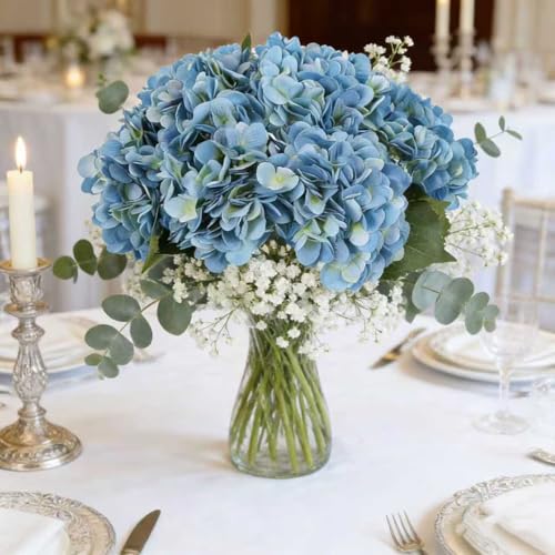 Kimura's Cabin 6pcs Hydrangea Artificial Flowers Silk Faux Hydrangea Flowers with Stems Fake Hydrangeas for Wedding Bouquets Arrangement Home Table Centerpieces Baby Shower Party Decoration(Blue) - Image 3