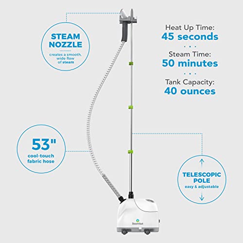 Steamfast SF-407 Canister Fabric Steamer, With Telescopic Pole and Fabric Brush, 45 Second Heat Up Time, Chemical-Free Steam, Clothes Hook, Fabric Brush, 40-Ounce Water Tank, White - Image 2