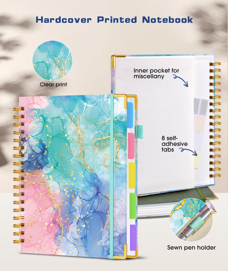 dilitego Hardcover Spiral Notebook Journal with Removable Dividers Tabs, 300 Pages 5 Subject Notebook College Ruled, 100GMS Notebooks for Work School Note Taking,Lined Journal for Women,Pink Blue Marble - Image 2
