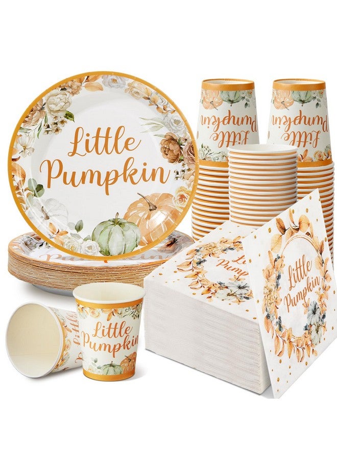 Skylety 150 Pcs Little Pumpkin Baby Shower Party Decoration Set Serves 50 Fall Disposable Dinnerware Set Dinner Dessert Plates Cups Napkins Autumn Farm Tableware Thanksgiving Party Supplies  - Image 1