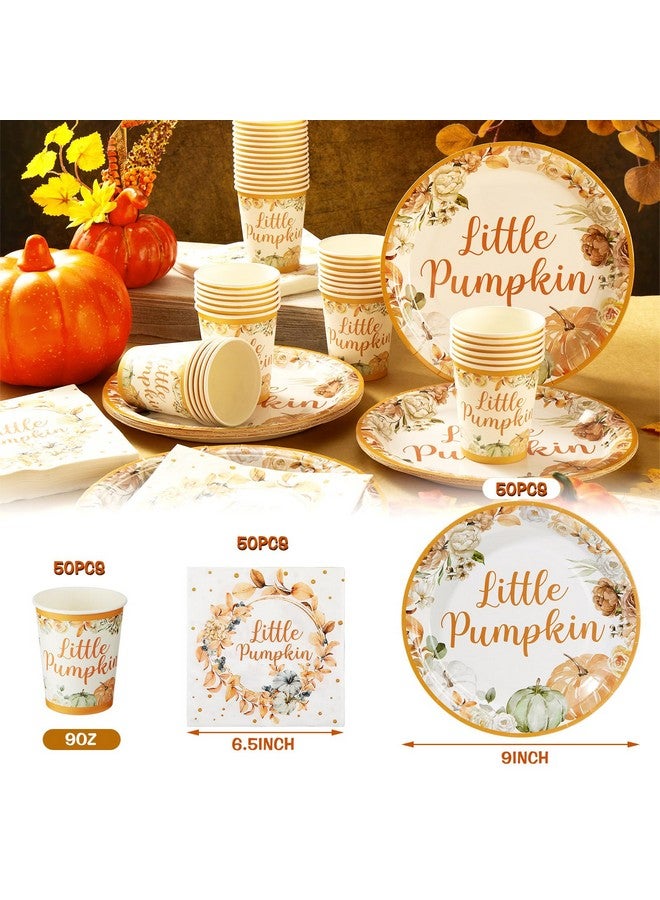 Skylety 150 Pcs Little Pumpkin Baby Shower Party Decoration Set Serves 50 Fall Disposable Dinnerware Set Dinner Dessert Plates Cups Napkins Autumn Farm Tableware Thanksgiving Party Supplies  - Image 3