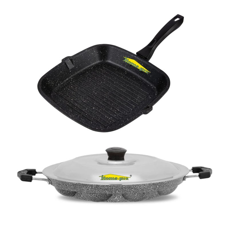 Home Pro Home-Pro - Grill Pan & Appam Silver | Non Stick Combos | Pot Pan Set | Aluminium Set | Bakelite Handle | Combo Pack of 2 - Image 1