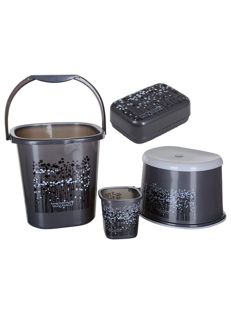 NAYASA Nayasa Funk Sqr 4 Pcs Plastic Bathroom Set Bucket 25 L Mug 15 L 508 DLX Stool Soap Case Bathroom Set Bath Set for Bathroom Black  - Image 1