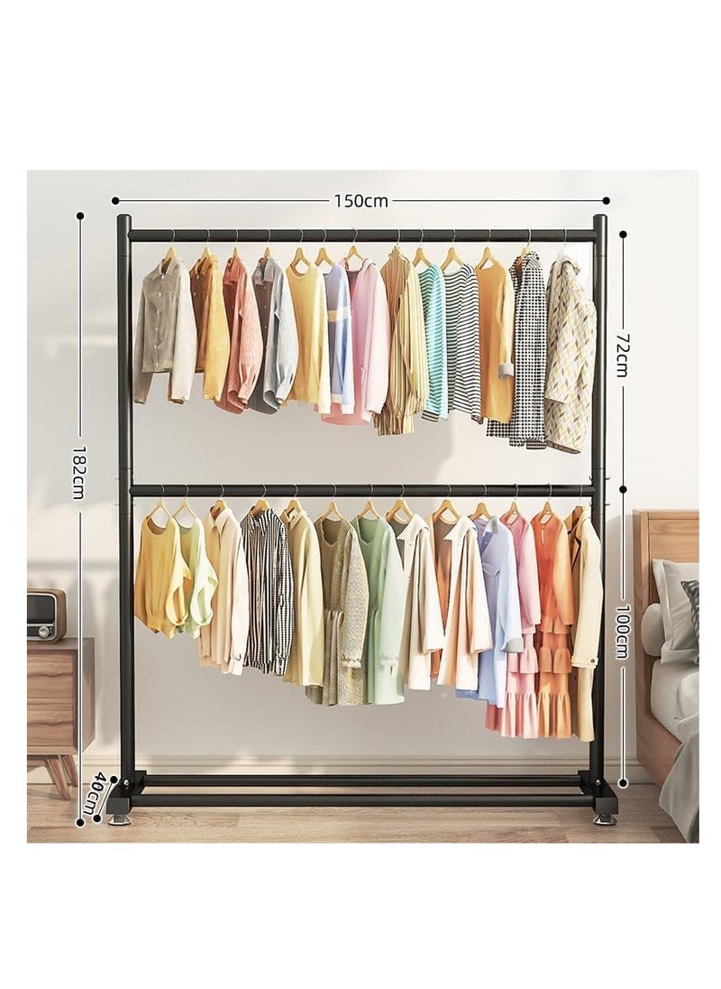 Arabest Arabest Double Rod Clothing Garment Rack : Double Level Clothes Rack Organizer with Bottom Shelf Large Load Capacity Metal Clothing Rack for Bedroom Hanging Clothes (150 * 182 * 40cm Black)  - Image 3
