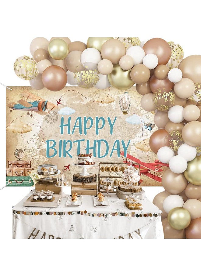 Mocsicka Mocsicka Airplane Birthday Backdrop World Map Adventure Airplane Birthday Decoration Banner for Kids Time Flies Aircraft Birthday Party Background Decoration 70.8 x 43.3 Inch  - Image 2