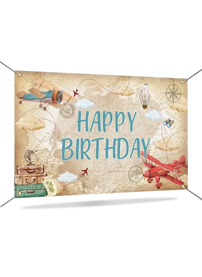 Mocsicka Mocsicka Airplane Birthday Backdrop World Map Adventure Airplane Birthday Decoration Banner for Kids Time Flies Aircraft Birthday Party Background Decoration 70.8 x 43.3 Inch  - Image 1