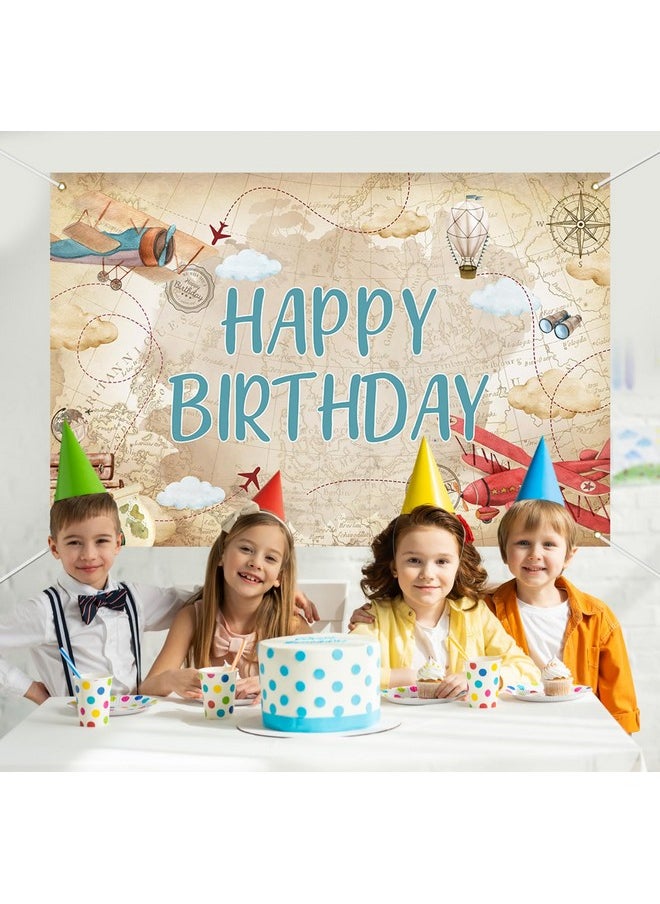 Mocsicka Mocsicka Airplane Birthday Backdrop World Map Adventure Airplane Birthday Decoration Banner for Kids Time Flies Aircraft Birthday Party Background Decoration 70.8 x 43.3 Inch  - Image 3