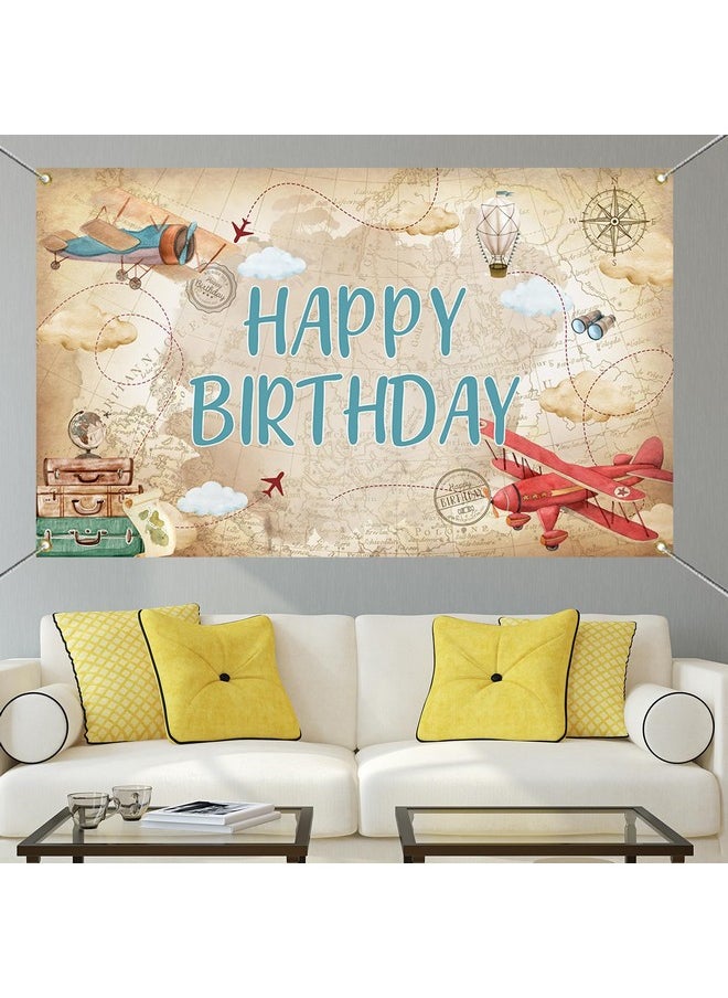 Mocsicka Mocsicka Airplane Birthday Backdrop World Map Adventure Airplane Birthday Decoration Banner for Kids Time Flies Aircraft Birthday Party Background Decoration 70.8 x 43.3 Inch  - Image 4