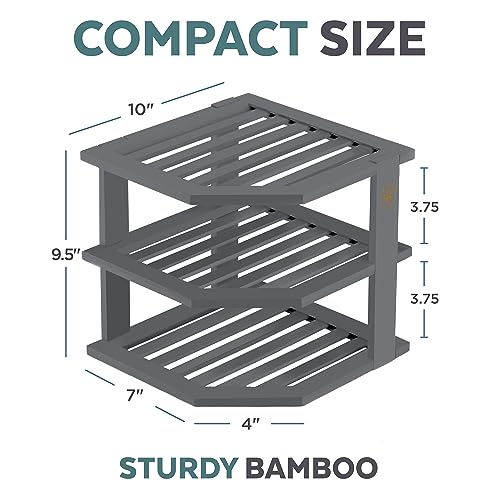 Bambüsi Cabinet Organizer Shelf - Bamboo Corner Rack for Kitchen Counter, Cabinet Space Saver for Plates, Dishes, Bowls, Bread Pantry, Bathroom Storage or Countertop Stand, Grey - Image 2