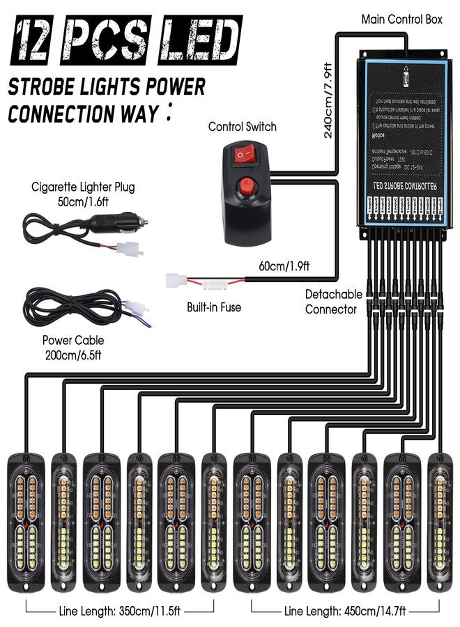LINKITOM 12pcs Ultra Slim Sync Feature Surface Mount Emergency Beacon Hazard Warning Flashing Strobe Lights with Waterproof Controller and Long Heavy Cable for Car Truck Vehicle - Image 2
