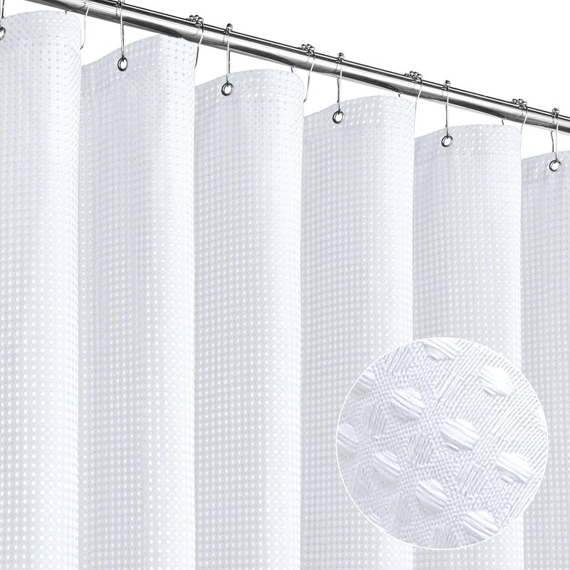 MitoVilla White Waffle Shower Curtain Set, Modern Farmhouse Fabric Shower Curtains for Bathroom Decor, Neutral Waffle Weave Hotel Cloth Shower Curtain Liner, Luxury Weighted Shower Curtain, 72 x 72 - Image 1