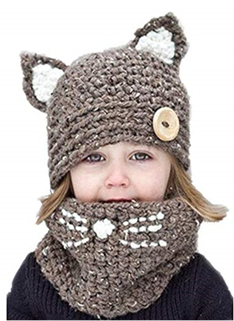 Generic Unisex Cute Winter Warm Knit Beanie Cap and Scarf Set for for Baby Kids 2-6 Years, Khaki  - Image 1