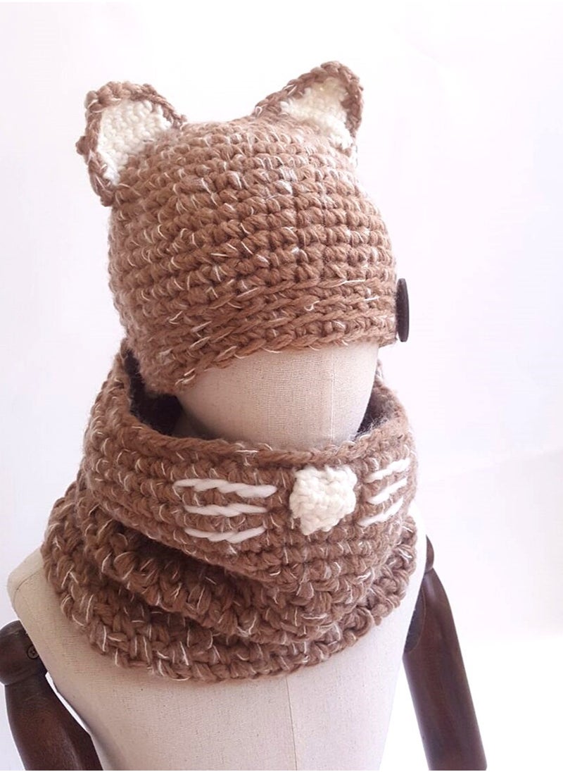Generic Unisex Cute Winter Warm Knit Beanie Cap and Scarf Set for for Baby Kids 2-6 Years, Khaki  - Image 2