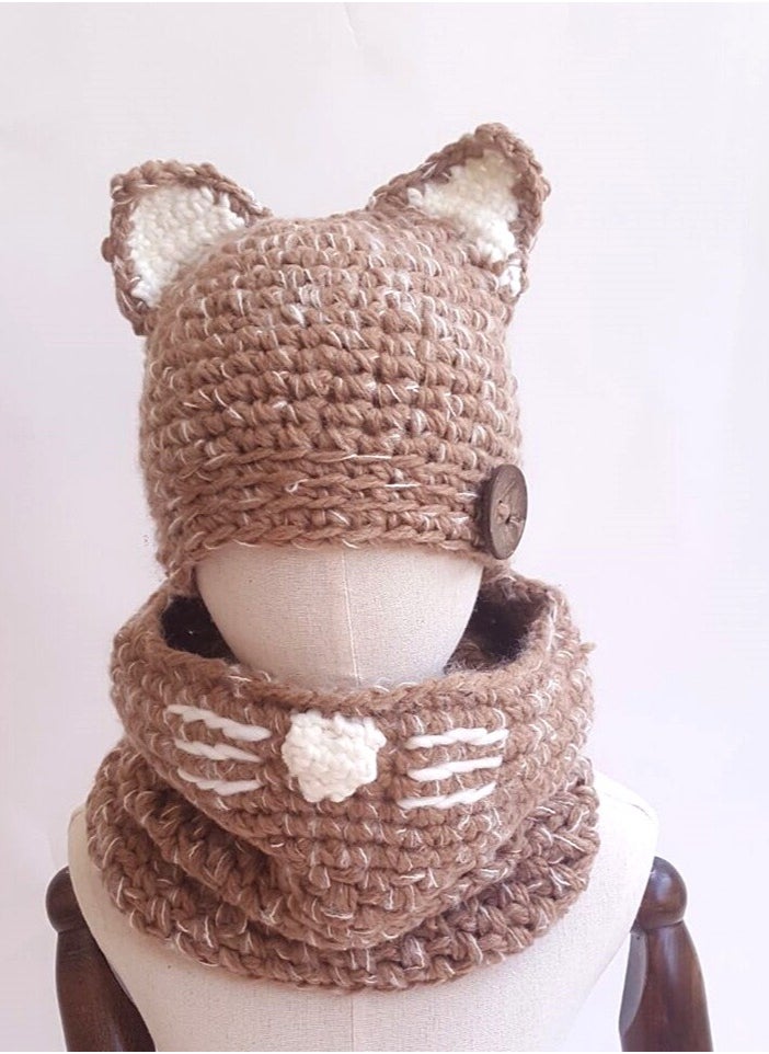 Generic Unisex Cute Winter Warm Knit Beanie Cap and Scarf Set for for Baby Kids 2-6 Years, Khaki  - Image 3