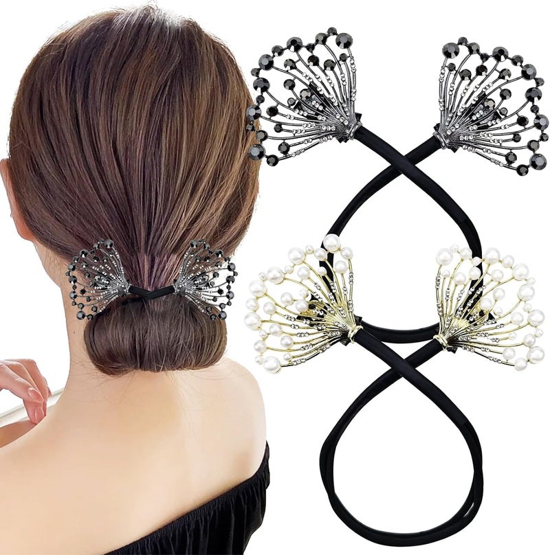 2 PACK Rhinestone Pearl Hair Bun Maker Elegant Lazy Hair Curler Crystal Hair Bun Maker French Hairstyle Twist Bun Maker Elegant Hair Accessories For Women Girls