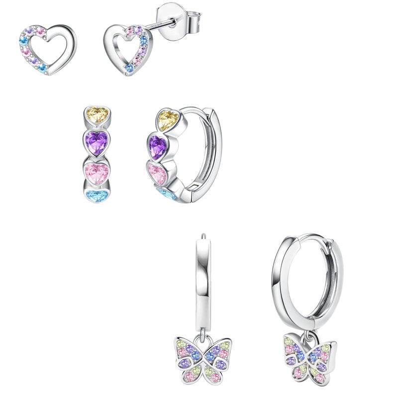 YADOCA 925 Sterling Silver Earrings Hypoallergenic Hoop Earrings for Girls Women Cute Toddler Earrings Kids Earrings Jewelry for Teen Girl Heart Star CZ Butterfly Stud Earrings Set for Sensitive Ears - Image 1