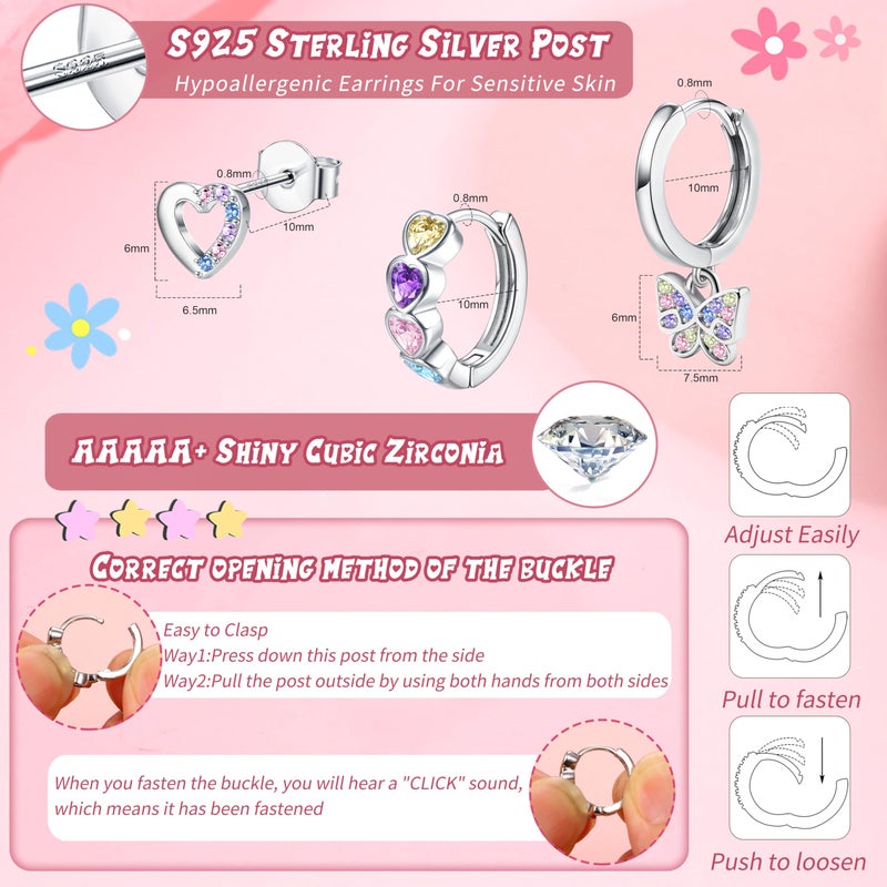 YADOCA 925 Sterling Silver Earrings Hypoallergenic Hoop Earrings for Girls Women Cute Toddler Earrings Kids Earrings Jewelry for Teen Girl Heart Star CZ Butterfly Stud Earrings Set for Sensitive Ears - Image 2