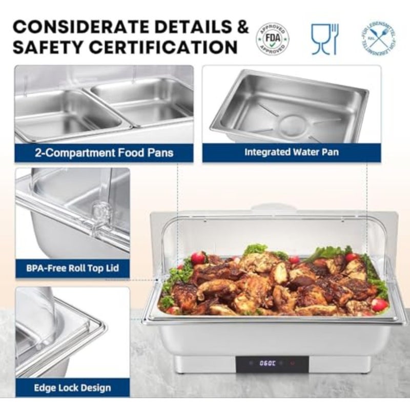 SOUNDCOUS Electric Chafing Dish Buffet Server Set, 20°C~90°C double-compartment food tray with temperature control, roll-top food warmer, suitable - Image 3