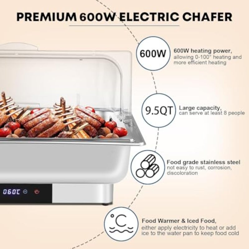 SOUNDCOUS Electric Chafing Dish Buffet Server Set, 20°C~90°C double-compartment food tray with temperature control, roll-top food warmer, suitable - Image 2