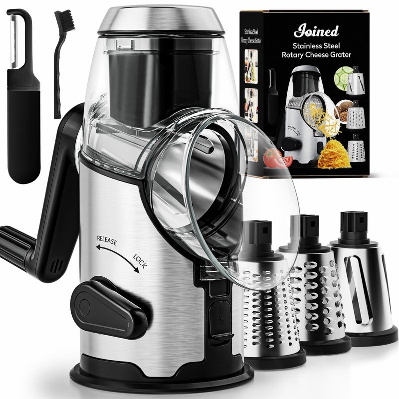 Joined Rotary Cheese Grater with Handle - Mandoline Slicer with 3 Stainless Steel Drum Blades-Vegetable Slicer Walnuts Grinder Cheese Shredder Round Mandoline with Peeler - Image 1
