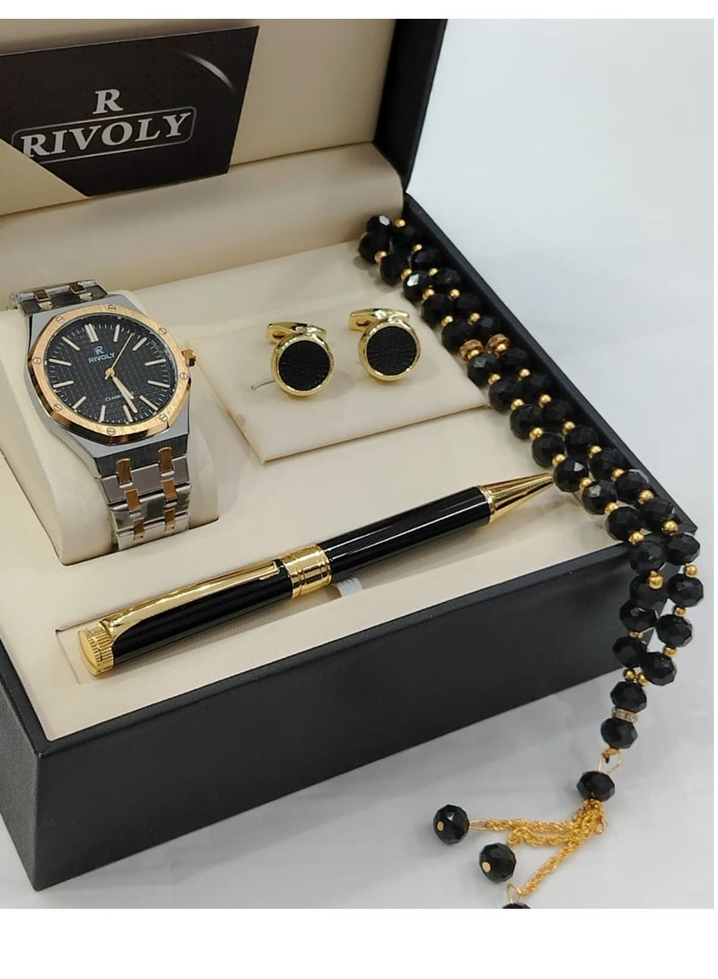 Rivoly A wonderful stainless steel men's set consisting of a watch, a rosary, a pen and cufflinks half steel