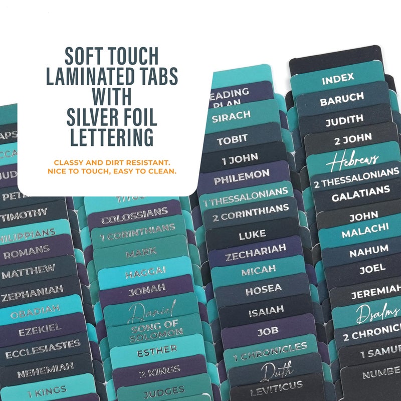 OFFILICIOUS Bible Book Tabs, 100 Silver, Soft-Touch, Laminated Bible Tabs for Study Bible, Durable Tabs for Bible, Protestant & Catholic Bible Tabs Large Print, Purple & Blue Bible Tabs for Women & Men - Image 5