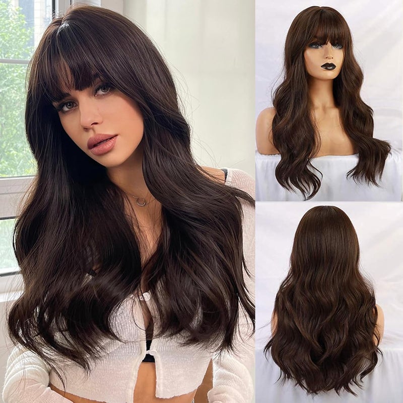 Esmee 24 Dark Brown Synthetic Natural Long Wave Wigs with Neat Bangs for Women