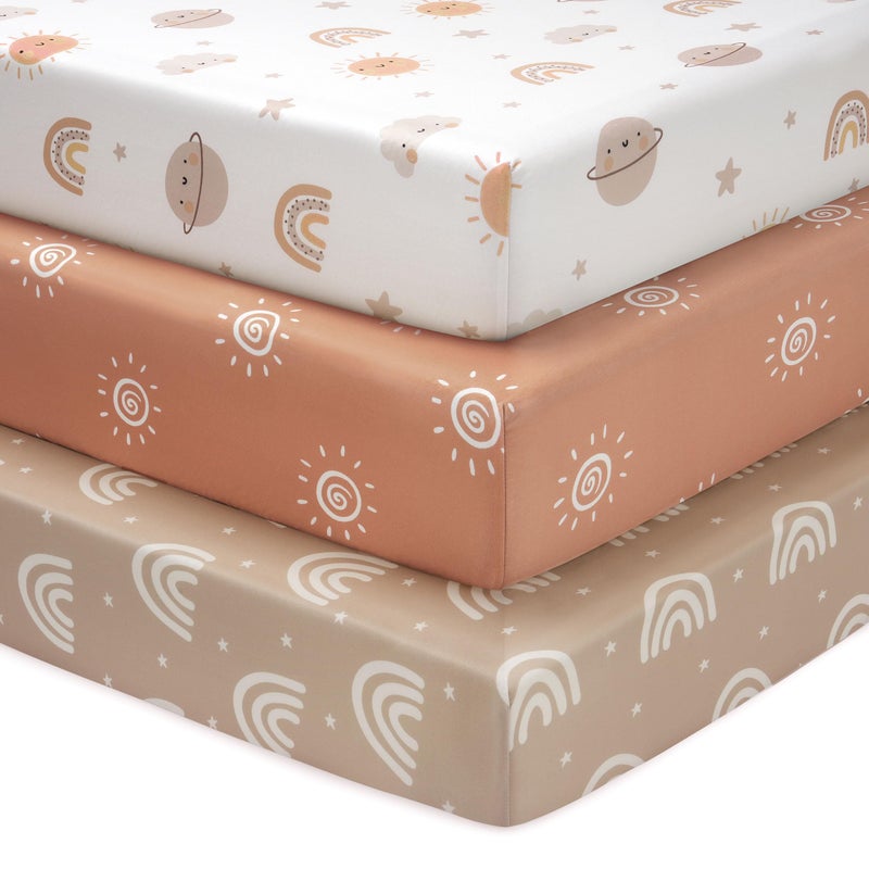 FIEMOL Baby Crib Sheets for Boys and Girls, 3 Pack Fitted Toddler Bed Sheets Neutral for 52â€x28â€ Standard Crib and Toddler Mattresses, Super Soft Microfiber Orange Sun Rainbow - Image 1