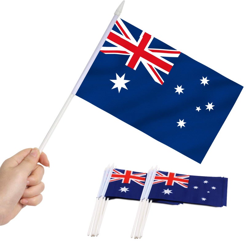Anley Australia Mini Flag 12 Pack Hand Held Small Miniature Australian Flags on Stick Fade Resistant Vivid Colors 5x8 Inch with Solid Pole Spear Top - Image 2