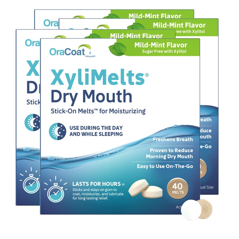 Oracoat XyliMelts for Dry Mouth Night Time or Day Moisturizing Dry Mouth Adhering Discs Sugar Free with Xylitol 40 Count Pack of 4 Mild Mint Flavor 8Hour Relief