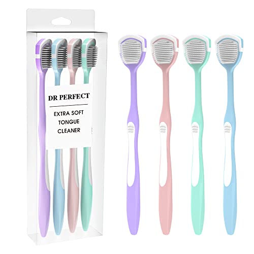 DR PERFECT فرشاة تنظيف اللسان الناعمة من DR PERFECT تساعد في مكافحة رائحة الفم الكريهة وتنظف لسانك بدون ألم - عبوة من 4 (أخضر، أرجواني، أزرق، وردي) - Image 1